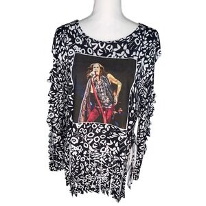 Aerosmith Steven Tyler Fringe Top Black White Cut Sleeve‎ Rock Band XL Ladies